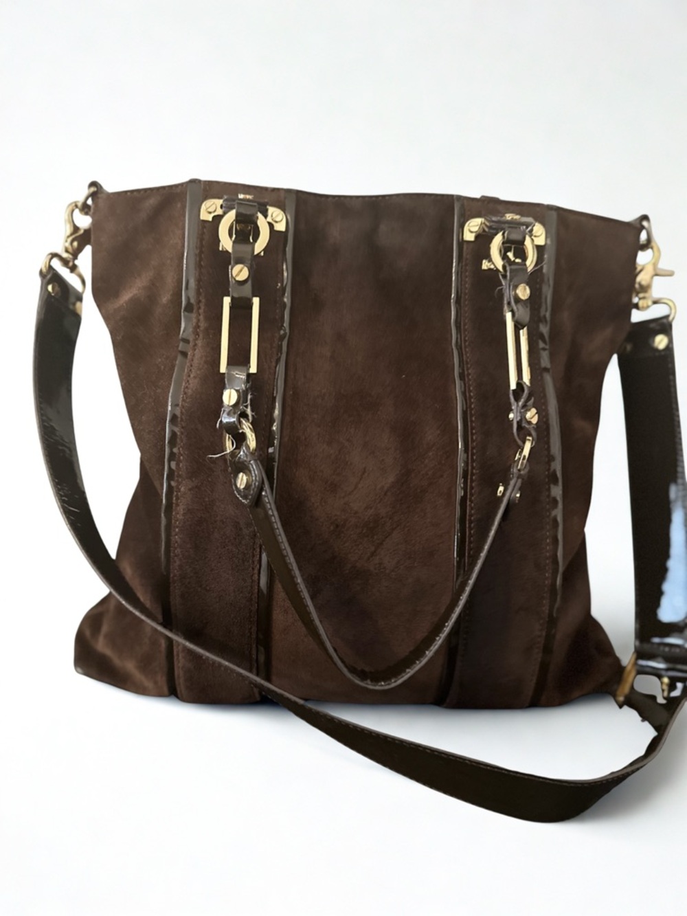 Rare Tory Burch "Nico" Satchel – Brown Suede & Patent Leather - Picture 2 of 7
